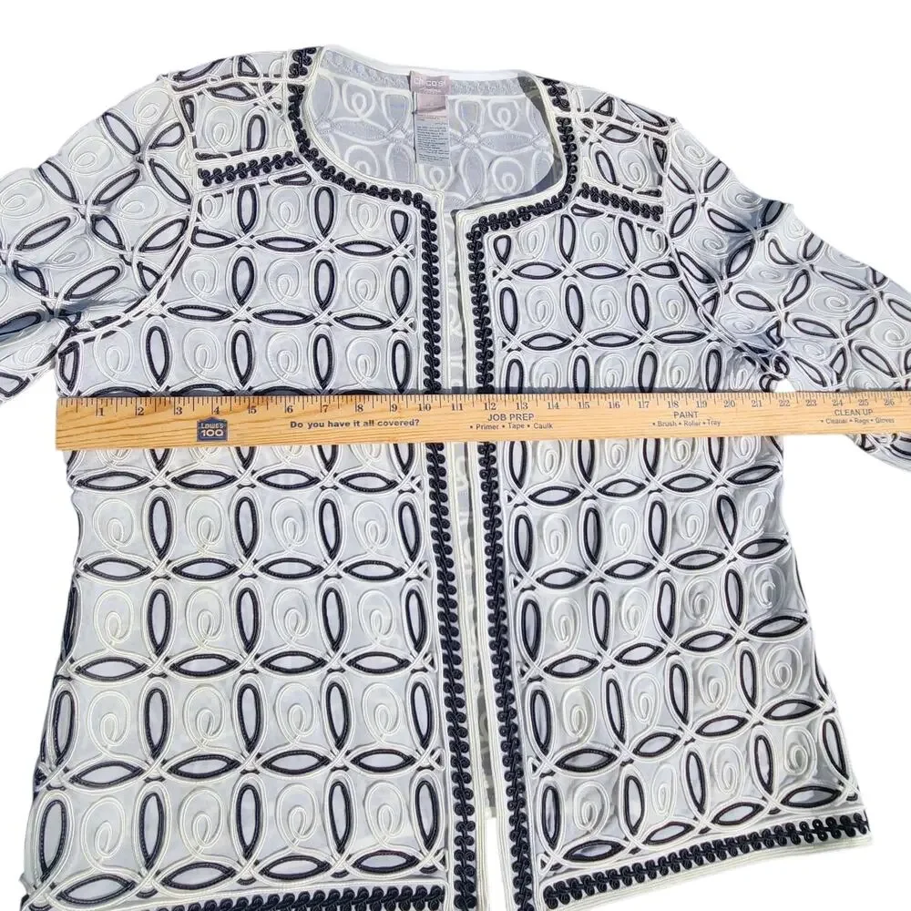CHICOS TRAVELERS WOMEN OPEN DRESSY CARDIGAN JACKET BLAZER BLACK WHITE SZ 2 LG 12 - Picture 5 of 10